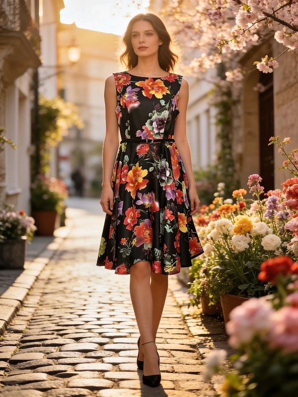 Grace Karin Floral Midi Dress Black & Red Small Like New